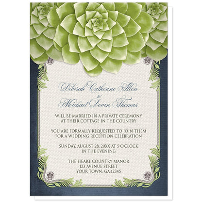 succulent party invitations Rustic Succulent Garden Navy Reception Only Invitation, Evite, Printed – Artistically Invited