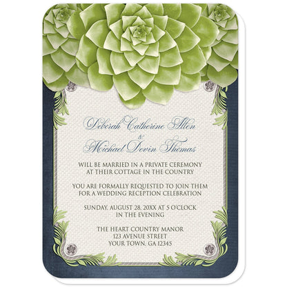 Rustic Succulent Garden Navy Reception Only Invitations (with rounded corners) at Artistically Invited. Invites with three large and lovely green succulents along the top over a beige canvas illustration framed with a leafy green decorative border, striped gray, and four floral metal pin illustrations, all over a navy blue background along the edges. Your personalized post-wedding reception details are custom printed in gray and navy blue over the canvas background in the center area below the succulents.