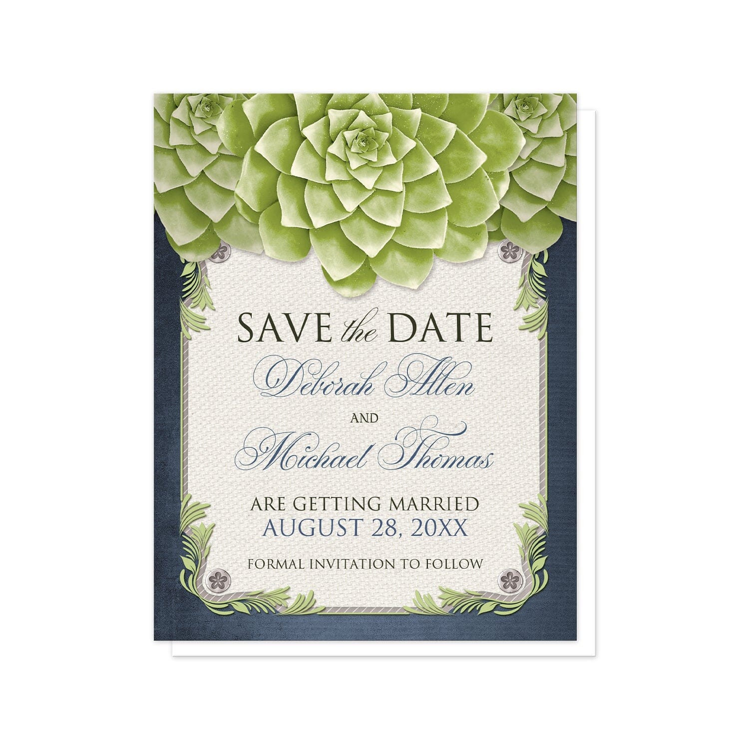 Rustic Succulent Garden Navy Save the Date Cards at Artistically Invited. Designed with three large and lovely green succulents along the top over a beige canvas texture illustration framed with a leafy green decorative border, striped gray, and four floral metal pin illustrations, all over a navy blue background along the edges. Your personalized wedding date details are custom printed in dark gray and navy blue over the beige canvas background in the center area below the succulents.