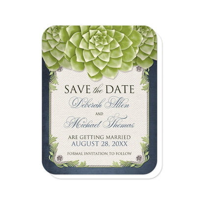 Rustic Succulent Garden Navy Save the Date Cards (with rounded corners) at Artistically Invited. Designed with three large and lovely green succulents along the top over a beige canvas illustration framed with a leafy green decorative border, striped gray, and four floral metal pin illustrations, all over a navy blue background along the edges. Your personalized wedding date details are custom printed in dark gray and navy blue over the beige canvas background in the center area below the succulents.