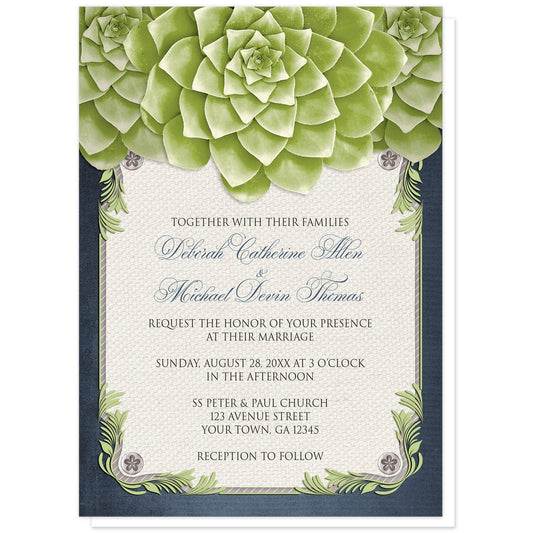 Rustic Succulent Garden Navy Wedding Invitations at Artistically Invited. Invites with three large and lovely green succulents along the top over a beige canvas texture illustration framed with a leafy green decorative border, striped gray, and four floral metal pin illustrations, all over a navy blue background along the edges. Your personalized marriage celebration details are custom printed in dark gray and navy blue over the beige canvas background in the center area below the succulents.