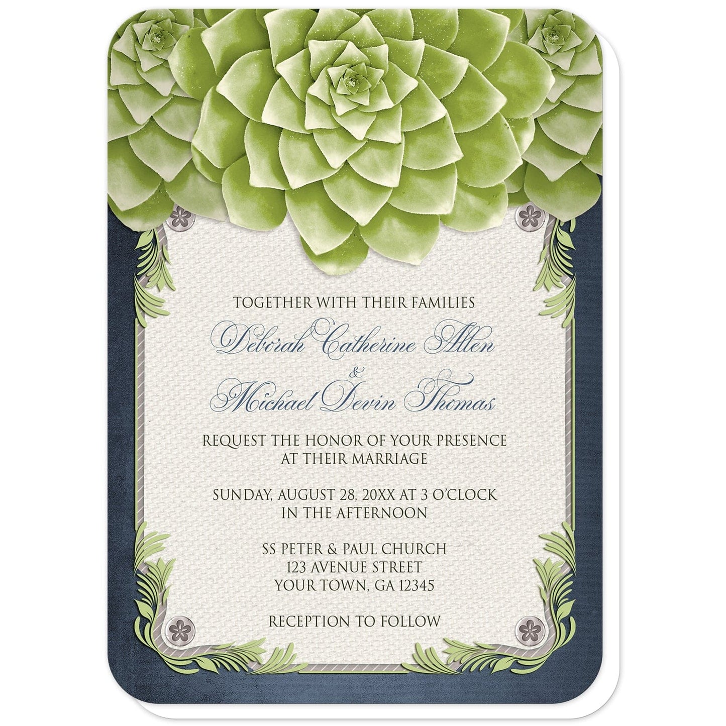 Rustic Succulent Garden Navy Wedding Invitations (with rounded corners) at Artistically Invited. Invites with three large and lovely green succulents along the top over a beige canvas illustration framed with a leafy green decorative border, striped gray, and four floral metal pin illustrations, all over a navy blue background along the edges. Your personalized marriage celebration details are custom printed in dark gray and navy blue over the beige canvas background in the center area below the succulents.