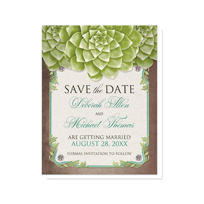 Rustic Succulent Garden Save the Date Cards at Artistically Invited. Designed with three large and lovely green succulents along the top over a beige canvas texture illustration framed with a leafy green decorative border, striped teal, and four floral metal pin illustrations, all over a brown background along the edges. Your personalized wedding date details are custom printed in brown and teal over the beige canvas background in the center area below the succulents.