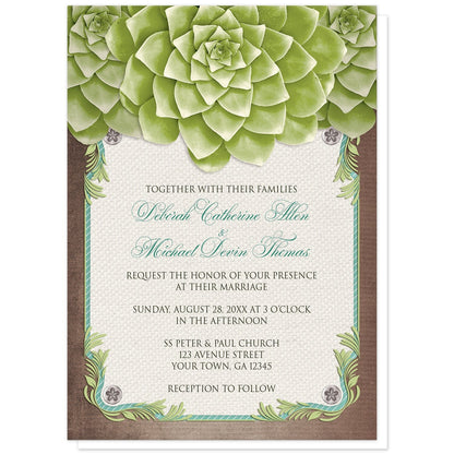 Rustic Succulent Garden Wedding Invitations at Artistically Invited. Invites with three large and lovely green succulents along the top over a beige canvas texture illustration framed with a leafy green decorative border, striped teal, and four floral metal pin illustrations, all over a brown background along the edges. Your personalized marriage ceremony details are custom printed in brown and teal over the beige canvas background in the center area below the succulents.