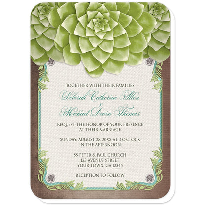 Rustic Succulent Garden Wedding Invitations (with rounded corners) at Artistically Invited. Invites with three large and lovely green succulents along the top over a beige canvas texture illustration framed with a leafy green decorative border, striped teal, and four floral metal pin illustrations, all over a brown background along the edges. Your personalized marriage ceremony details are custom printed in brown and teal over the beige canvas background in the center area below the succulents.
