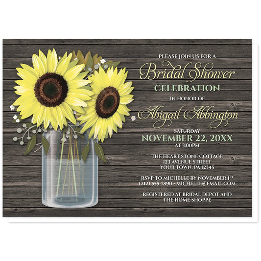 Rustic Sunflower Wood Mason Jar Bridal Shower Invitations at Artistically Invited. Southern country-inspired rustic sunflower wood mason jar bridal shower invitations with big yellow sunflowers, small accents of baby's breath, and green leaves in a glass mason jar illustration. Your personalized bridal shower celebration details are custom printed in white, yellow, and light green to the right of the sunflowers and mason jar design over a dark brown wood background.