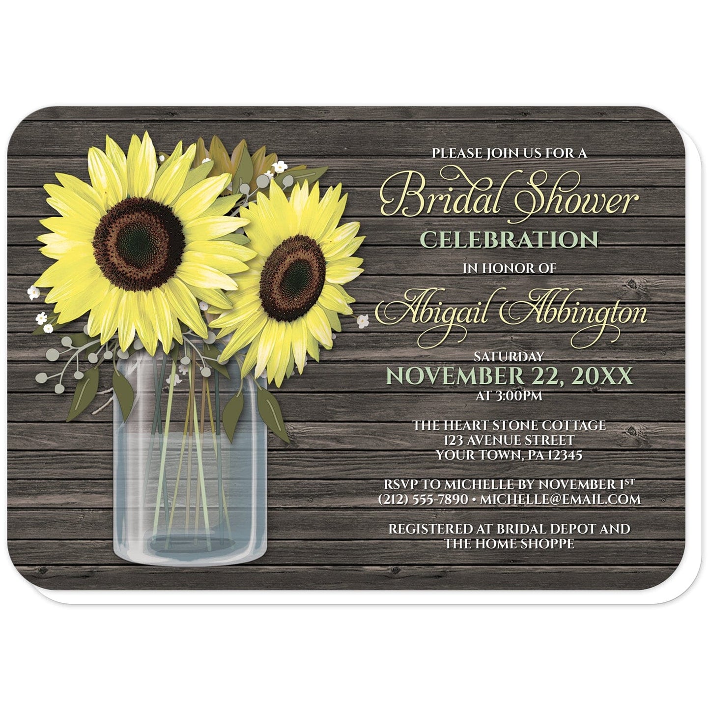 Rustic Sunflower Wood Mason Jar Bridal Shower Invitations (with rounded corners)  at Artistically Invited. Southern country-inspired rustic sunflower wood mason jar bridal shower invitations with big yellow sunflowers, small accents of baby's breath, and green leaves in a glass mason jar illustration. Your personalized bridal shower celebration details are custom printed in white, yellow, and light green to the right of the sunflowers and mason jar design over a dark brown wood background.