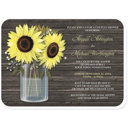 Rustic Sunflower Wood Mason Jar Couples Shower Invitations (with rounded corners) at Artistically Invited. Southern country-inspired rustic sunflower wood mason jar couples shower invitations with big yellow sunflowers, small accents of baby's breath, and green leaves in a glass mason jar illustration. Your personalized couples shower celebration details are custom printed in yellow and white to the right of the sunflowers and mason jar design over a dark brown wood background.