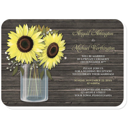 Rustic Sunflower Wood Mason Jar Reception Only Invitations (with rounded corners) at Artistically Invited. Southern country-inspired rustic sunflower wood mason jar reception only invitations with big yellow sunflowers, small accents of baby's breath, and green leaves in a glass mason jar illustration. Your personalized post-wedding reception details are custom printed in yellow and white to the right of the sunflowers and mason jar design over a dark brown wood background.
