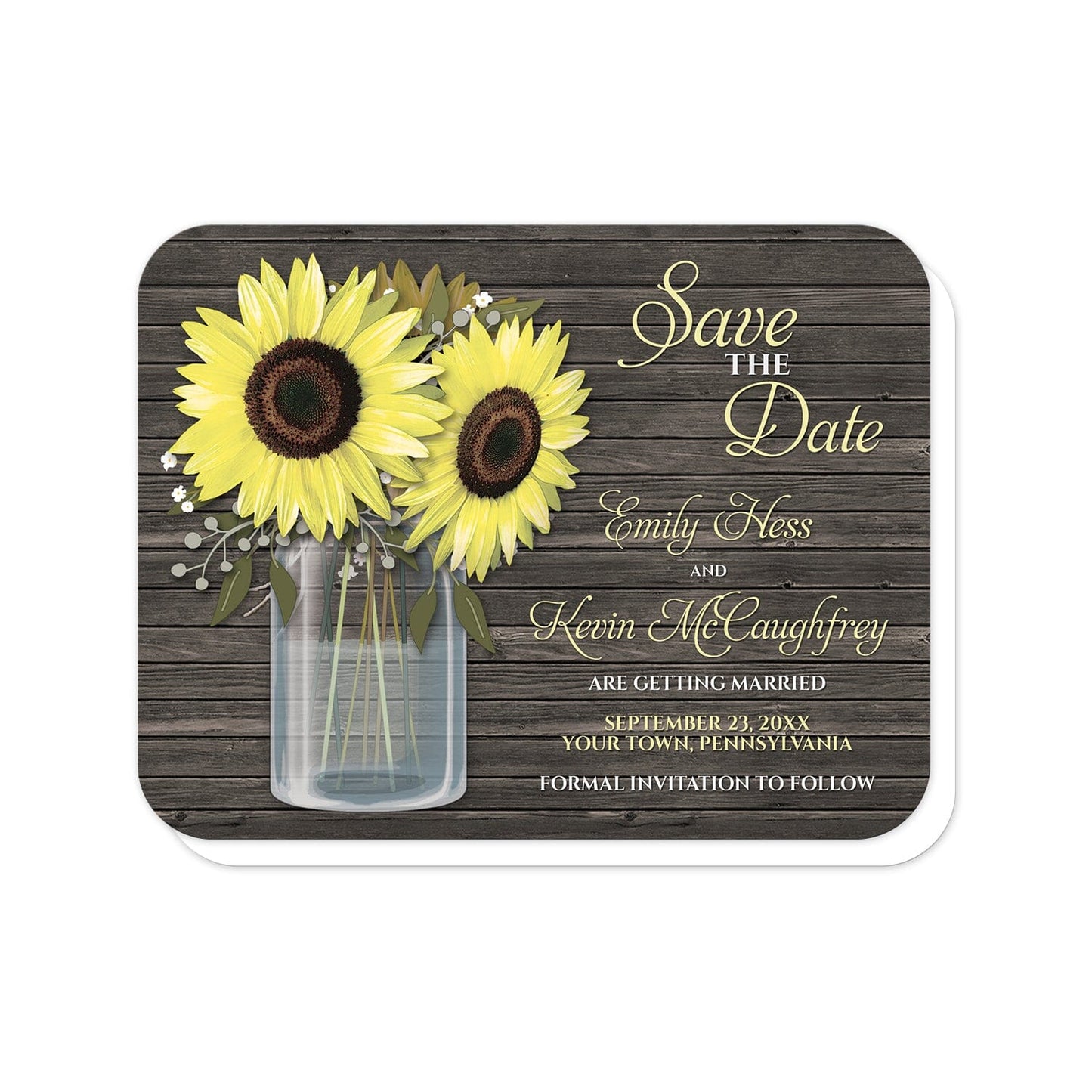 Rustic Sunflower Wood Mason Jar Save the Date Cards (with rounded corners) at Artistically Invited. Southern country-inspired rustic sunflower wood mason jar save the date cards with big yellow sunflowers, small accents of baby's breath, and green leaves in a glass mason jar illustration. Your personalized wedding date details are custom printed in yellow and white to the right of the sunflowers and mason jar design over a dark brown wood background.