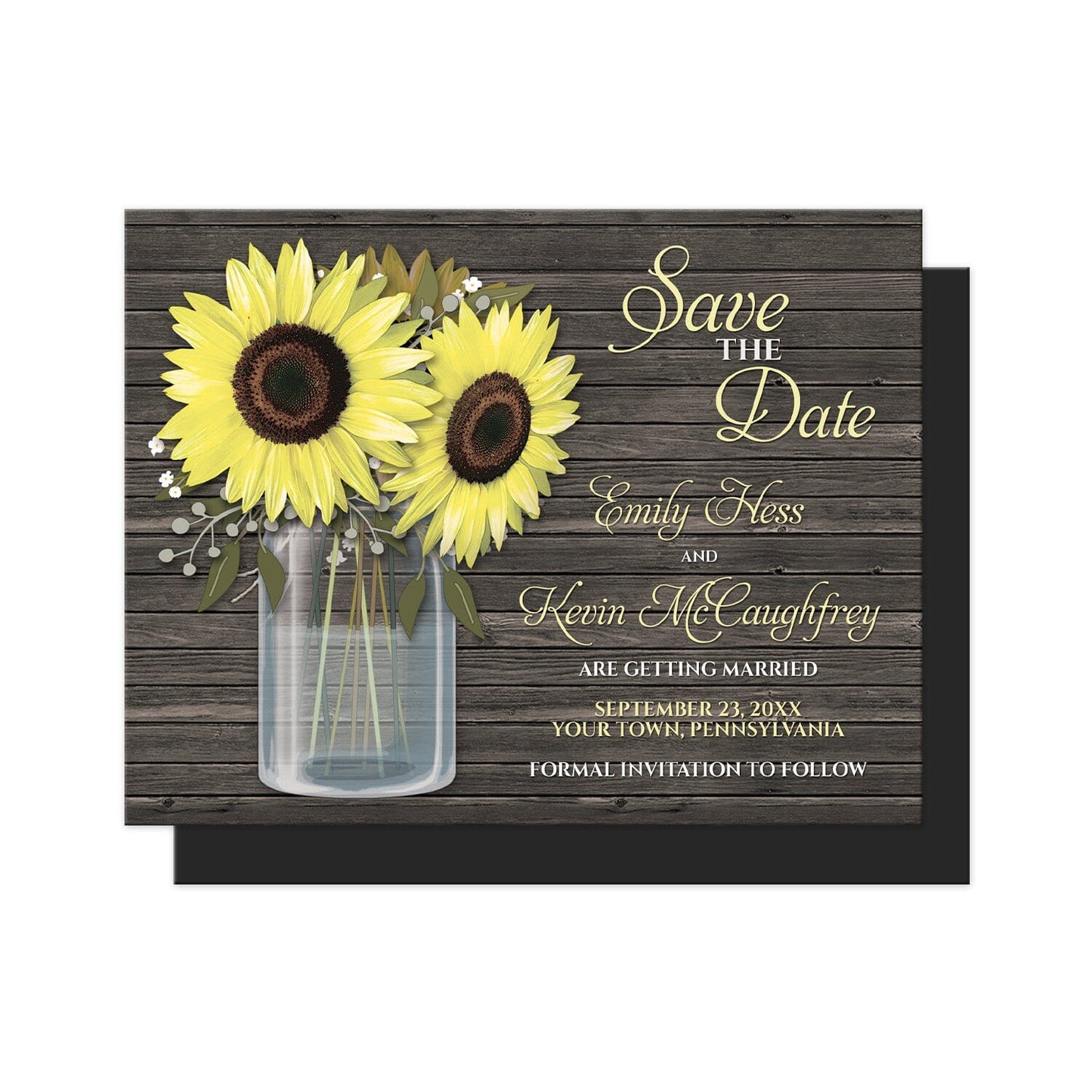 Rustic Sunflower Wood Mason Jar Save the Date Magnets at Artistically Invited. Southern country-inspired rustic sunflower wood mason jar save the date magnets with big yellow sunflowers, small accents of baby's breath, and green leaves in a glass mason jar illustration. Your personalized wedding date details are custom printed in yellow and white to the right of the sunflowers and mason jar design over a dark brown wood background.