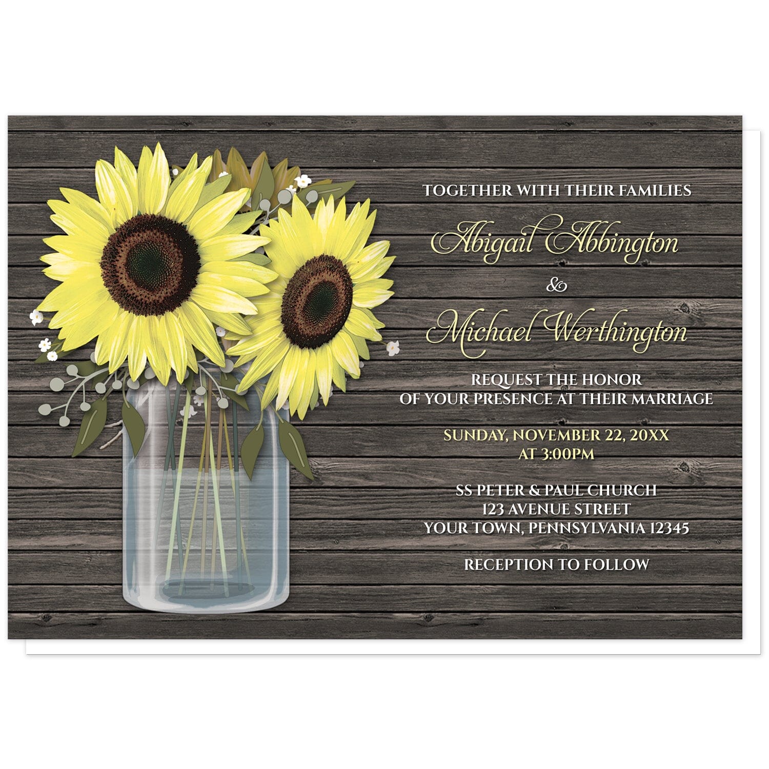 Rustic Sunflower Wood Mason Jar Wedding Invitations at Artistically Invited. Southern country-inspired rustic sunflower wood mason jar wedding invitations with big yellow sunflowers, small accents of baby's breath, and green leaves in a glass mason jar illustration. Your personalized marriage celebration details are custom printed in yellow and white to the right of the sunflowers and mason jar design over a dark brown wood background.