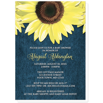 Rustic Sunflower and Denim Baby Shower Invitations at Artistically Invited. Southern-inspired rustic sunflower and denim baby shower invitations designed with large yellow sunflowers along the top over a country blue denim design. Your personalized baby shower celebration details are custom printed in yellow and white over the blue denim background below the pretty sunflowers. 