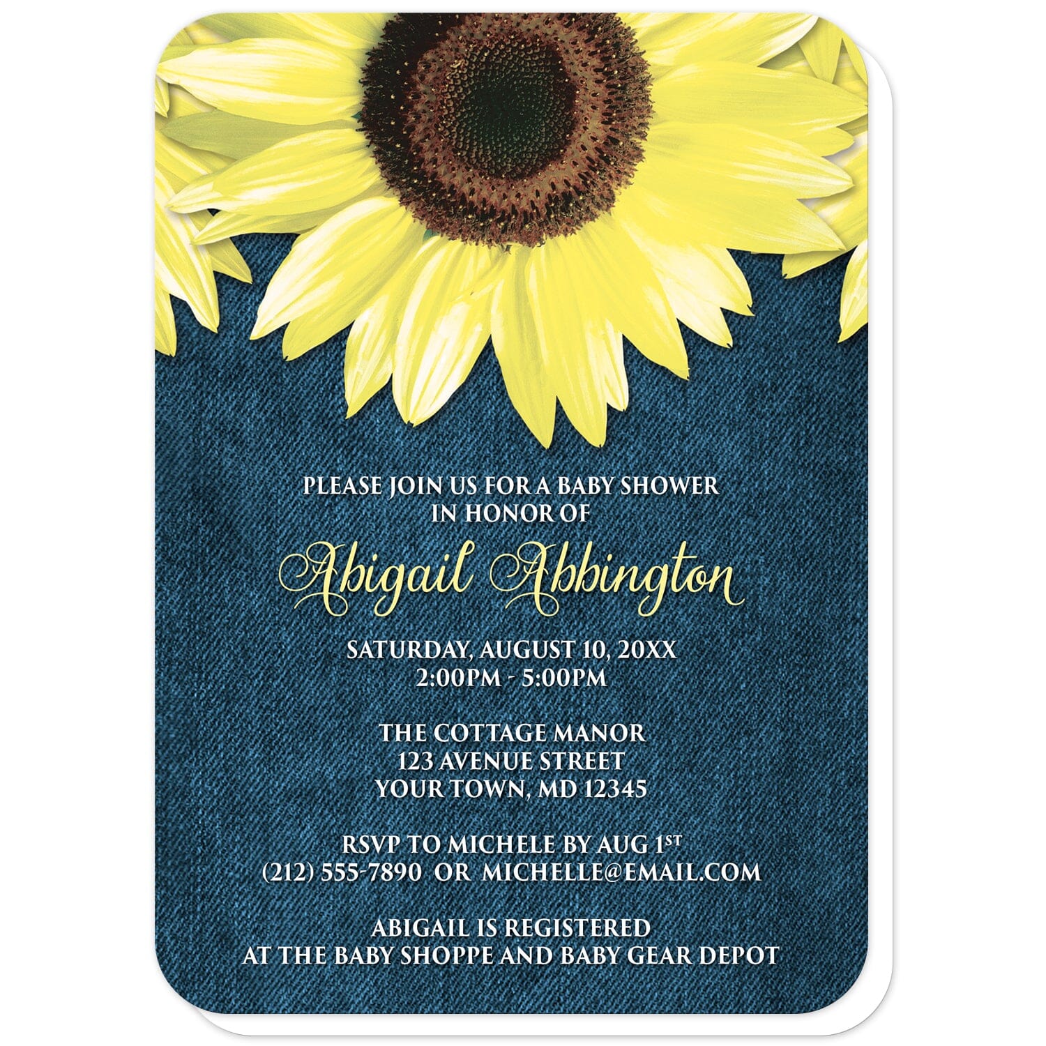 Rustic Sunflower and Denim Baby Shower Invitations (with rounded corners) at Artistically Invited. Southern-inspired rustic sunflower and denim baby shower invitations designed with large yellow sunflowers along the top over a country blue denim design. Your personalized baby shower celebration details are custom printed in yellow and white over the blue denim background below the pretty sunflowers. 