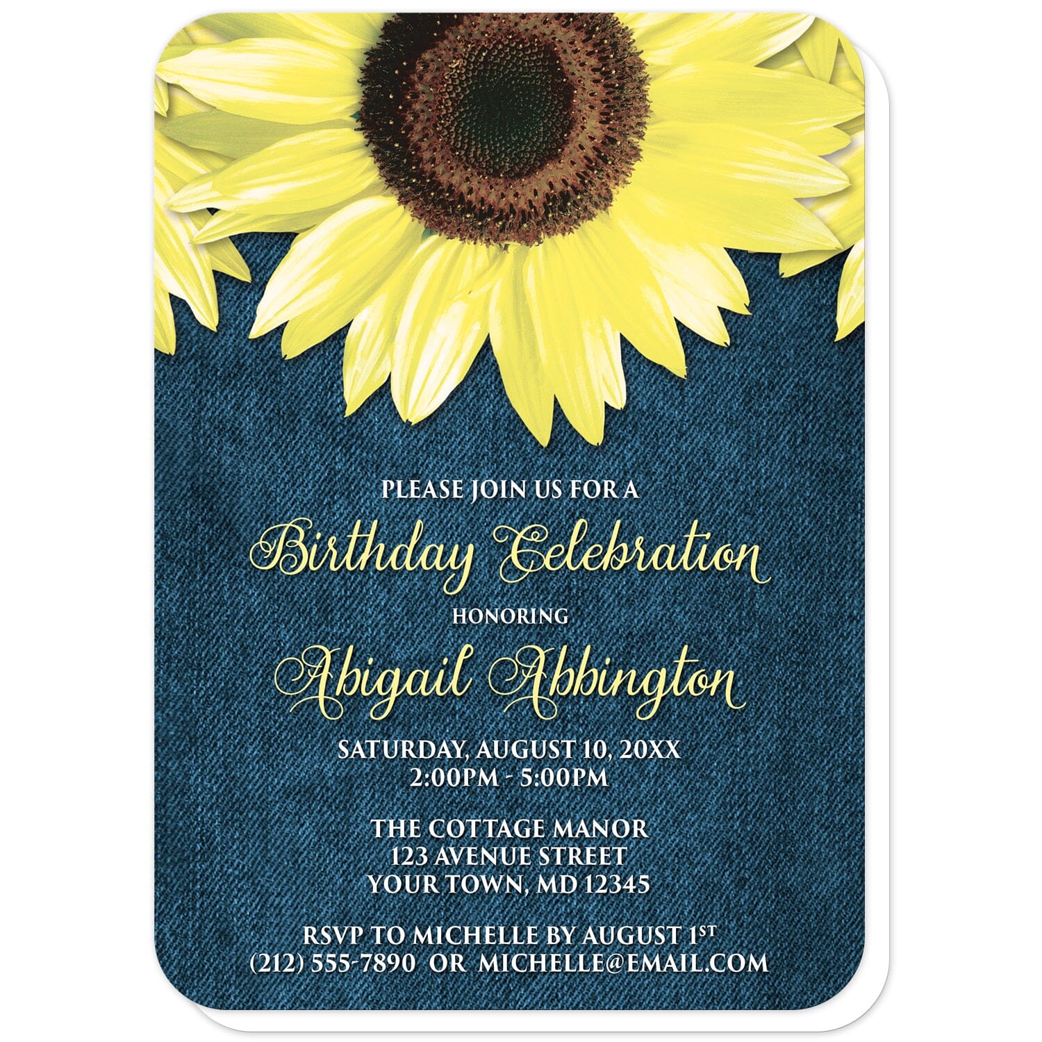 Rustic Sunflower and Denim Birthday Invitations (with rounded corners) at Artistically Invited. Southern-inspired rustic sunflower and denim birthday invitations designed with large yellow sunflowers along the top over a country blue denim design. Your personalized birthday celebration details are custom printed in yellow and white over the blue denim background below the pretty sunflowers. 