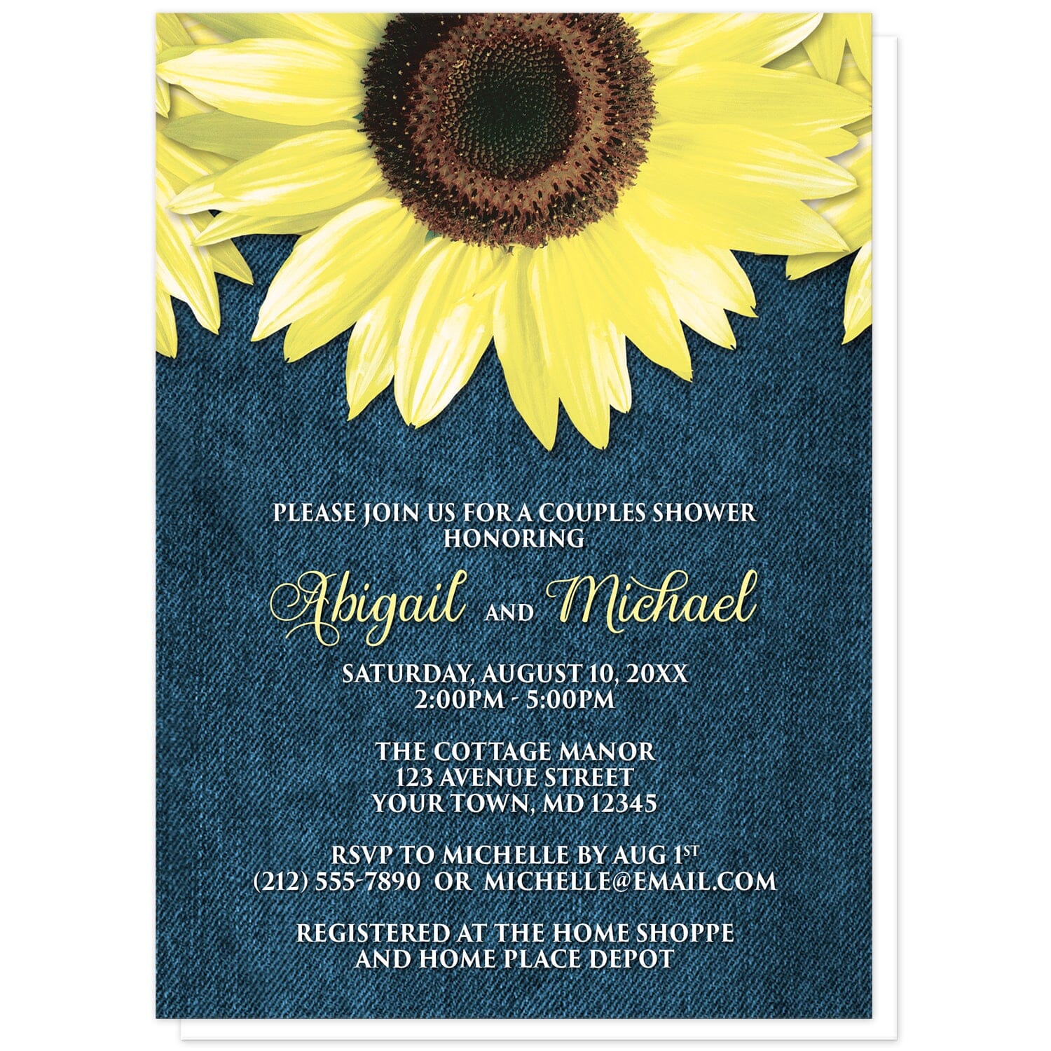 Rustic Sunflower and Denim Couples Shower Invitations at Artistically Invited. Southern-inspired rustic sunflower and denim couples shower invitations designed with large yellow sunflowers along the top over a country blue denim design. Your personalized couples shower celebration details are custom printed in yellow and white over the blue denim background below the pretty sunflowers. 