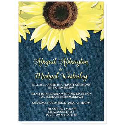 Rustic Sunflower and Denim Reception Only Invitations at Artistically Invited. Southern-inspired rustic sunflower and denim reception only invitations designed with large yellow sunflowers along the top over a country blue denim design. Your personalized post-wedding reception details are custom printed in yellow and white over the blue denim background below the pretty sunflowers. 