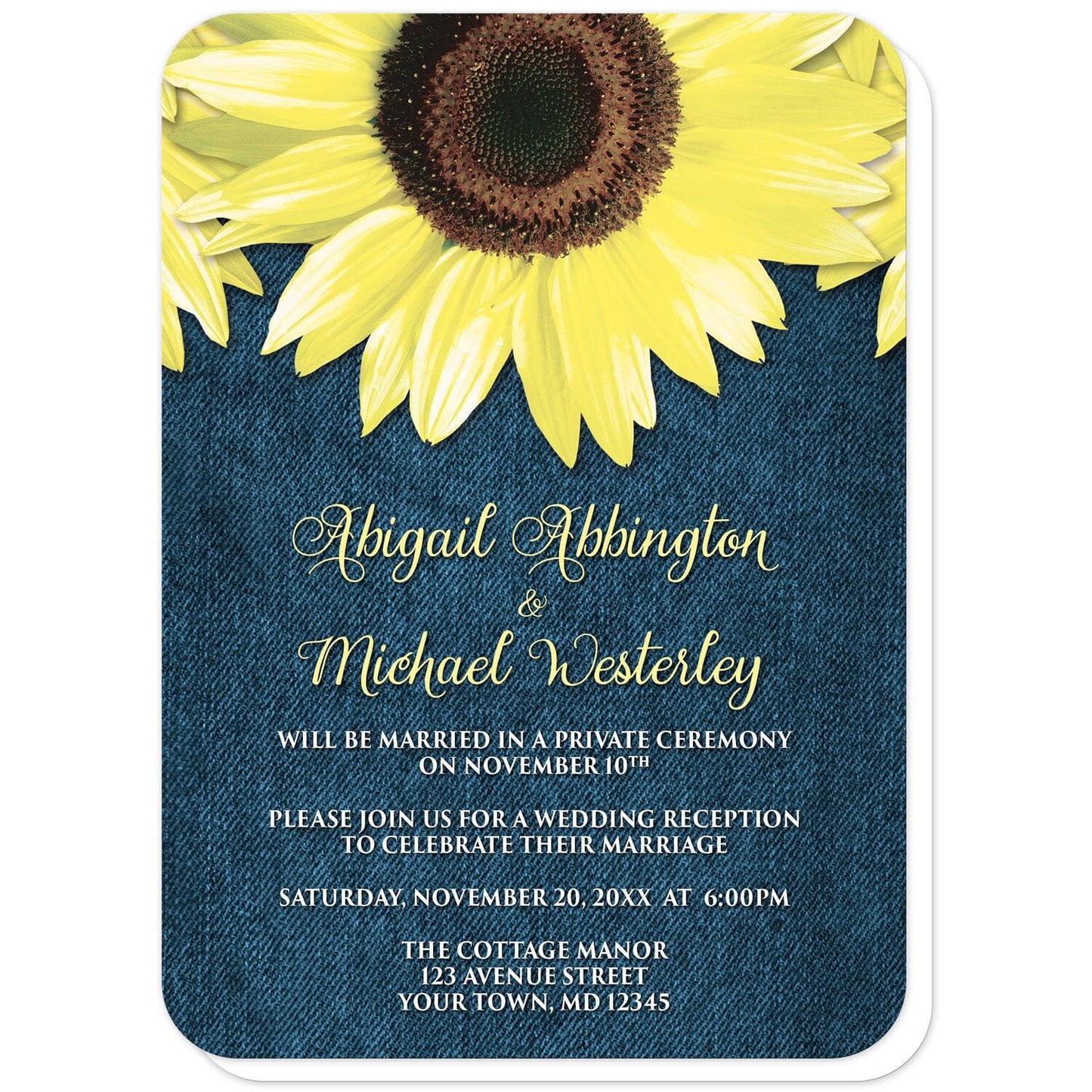 Rustic Sunflower and Denim Reception Only Invitations (with rounded corners) at Artistically Invited. Southern-inspired rustic sunflower and denim reception only invitations designed with large yellow sunflowers along the top over a country blue denim design. Your personalized post-wedding reception details are custom printed in yellow and white over the blue denim background below the pretty sunflowers. 