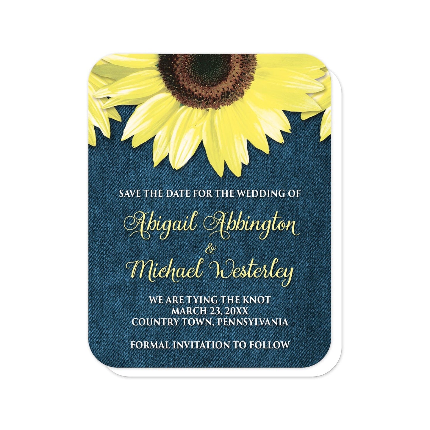 Rustic Sunflower and Denim Save the Date Cards (with rounded corners) at Artistically Invited. Southern-inspired rustic sunflower and denim save the date cards designed with large yellow sunflowers along the top over a country blue denim design. Your personalized wedding date details are custom printed in yellow and white over the blue denim background below the pretty sunflowers. 