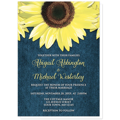 Rustic Sunflower and Denim Wedding Invitations at Artistically Invited. Southern-inspired rustic sunflower and denim wedding invitations designed with large yellow sunflowers along the top over a country blue denim design. Your personalized marriage ceremony details are custom printed in yellow and white over the blue denim background below the pretty sunflowers. 
