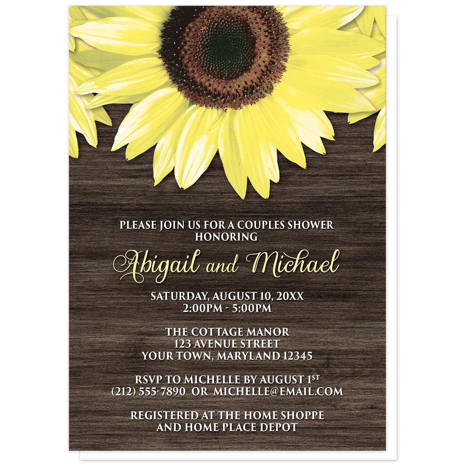 Rustic Sunflower and Wood Couples Shower Invitations at Artistically Invited. Southern-inspired rustic sunflower and wood couples shower invitations designed with large yellow sunflowers along the top over a country brown wood design. Your personalized couples shower celebration details are custom printed in yellow and white over the brown wood background below the pretty sunflowers. 