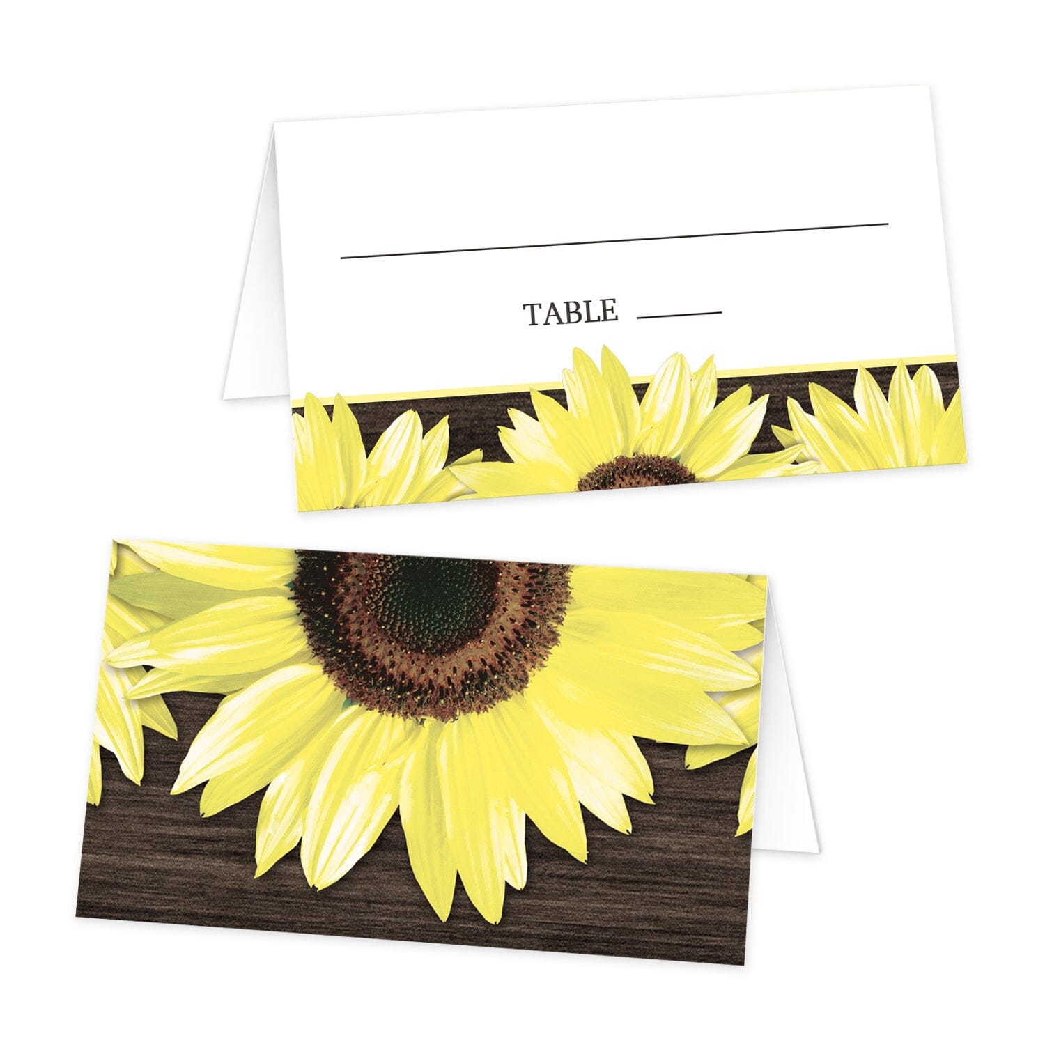 Rustic Sunflower and Wood Folded Place Cards at Artistically Invited. Southern-inspired rustic sunflower and wood folded place cards with large yellow sunflowers over a brown rustic wood background on one side of the cards. Your lines for writing the guest's name and table number are on the other side of the fold of these cards in a white space above smaller sunflowers and a wood background that runs along the bottom.