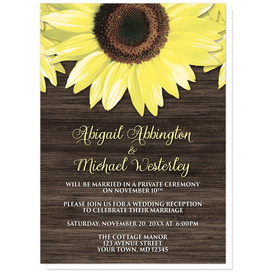Rustic Sunflower and Wood Reception Only Invitations at Artistically Invited. Southern-inspired rustic sunflower and wood reception only invitations designed with large yellow sunflowers along the top over a country brown wood design. Your personalized post-wedding reception details are custom printed in yellow and white over the brown wood background below the pretty sunflowers. 