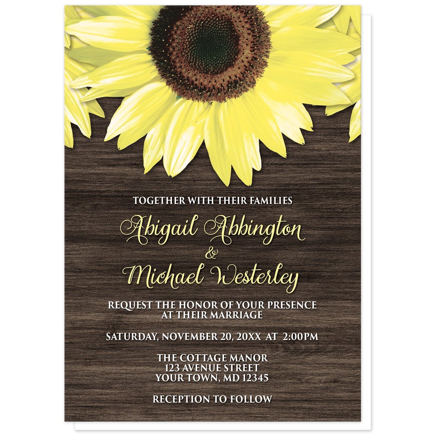 Rustic Sunflower and Wood Wedding Invitations at Artistically Invited. Southern-inspired rustic sunflower and wood wedding invitations designed with large yellow sunflowers along the top over a country brown wood design. Your personalized marriage celebration details are custom printed in yellow and white over the brown wood background below the pretty sunflowers. 