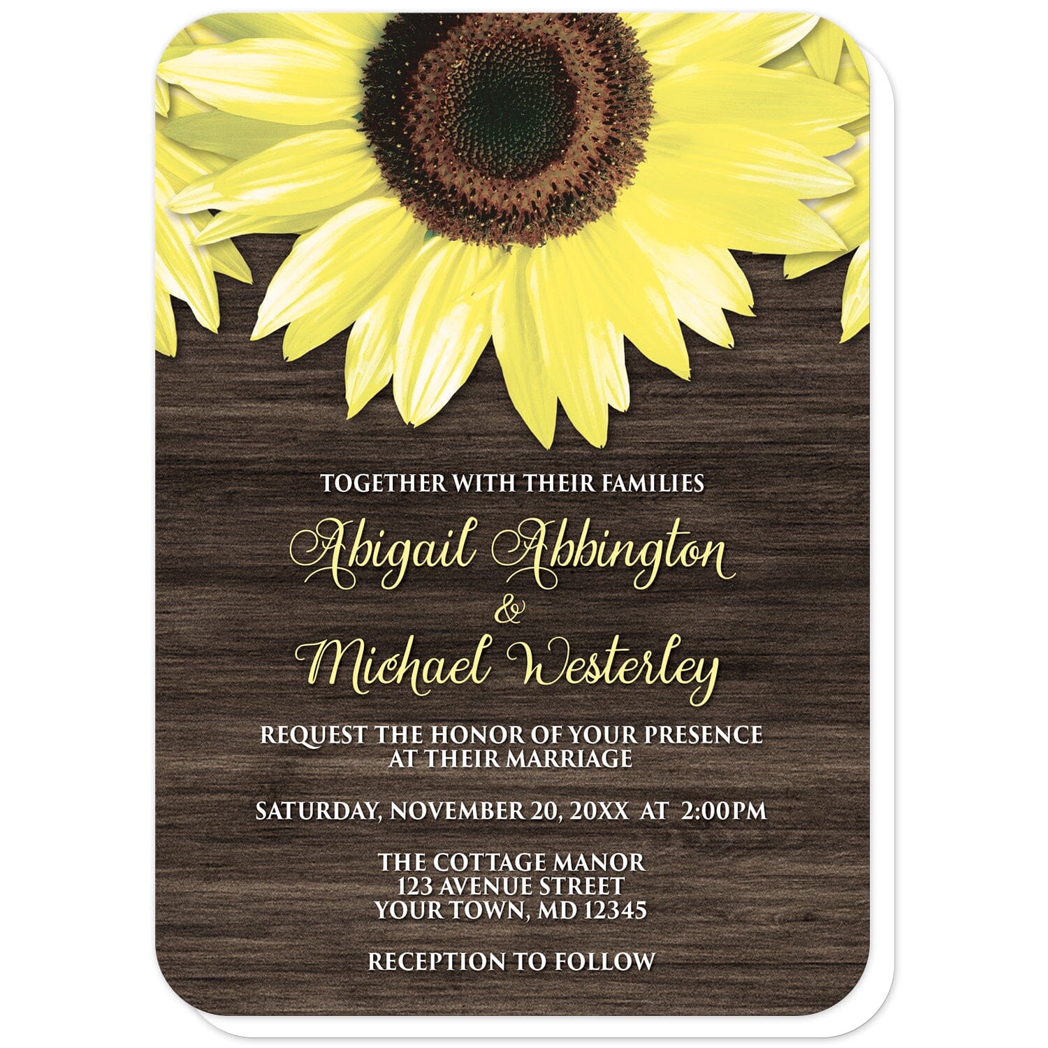 Rustic Sunflower and Wood Wedding Invitations (with rounded corners) at Artistically Invited. Southern-inspired rustic sunflower and wood wedding invitations designed with large yellow sunflowers along the top over a country brown wood design. Your personalized marriage celebration details are custom printed in yellow and white over the brown wood background below the pretty sunflowers. 