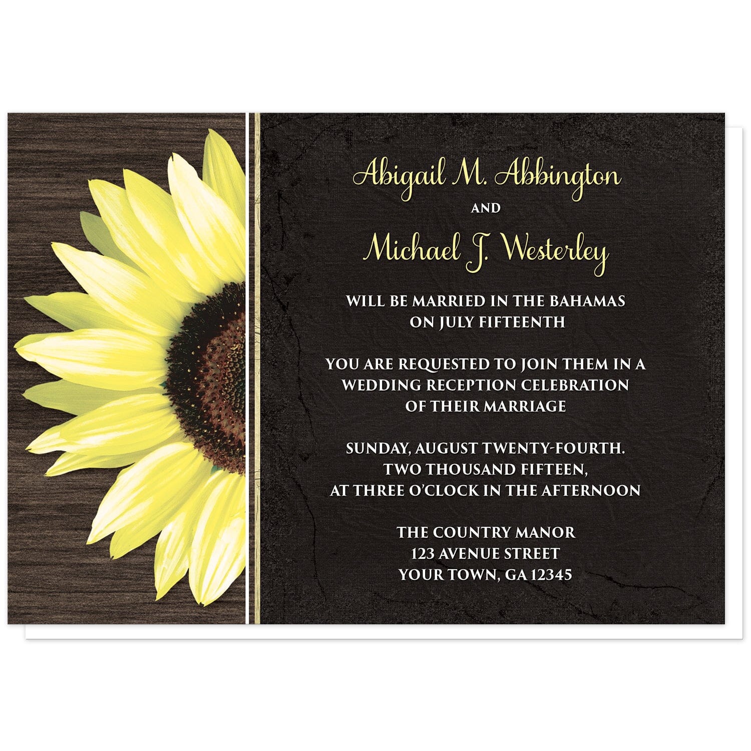 Rustic Sunflower with Black Reception Only Invitations at Artistically Invited. Country-inspired rustic sunflower with black reception only invitations featuring a vibrant bright yellow sunflower over a textured dark brown wood design along the left side. Your personalized post-wedding reception details are custom printed in yellow and white over a tattered black cloth illustration to the right of the sunflower.