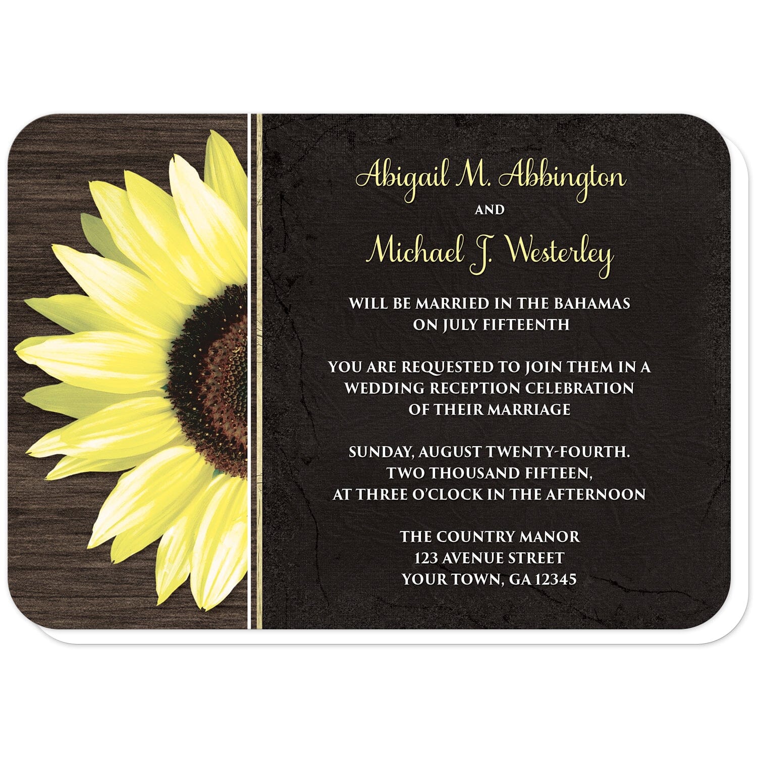 Rustic Sunflower with Black Reception Only Invitations (with rounded corners) at Artistically Invited. Country-inspired rustic sunflower with black reception only invitations featuring a vibrant bright yellow sunflower over a textured dark brown wood design along the left side. Your personalized post-wedding reception details are custom printed in yellow and white over a tattered black cloth illustration to the right of the sunflower.
