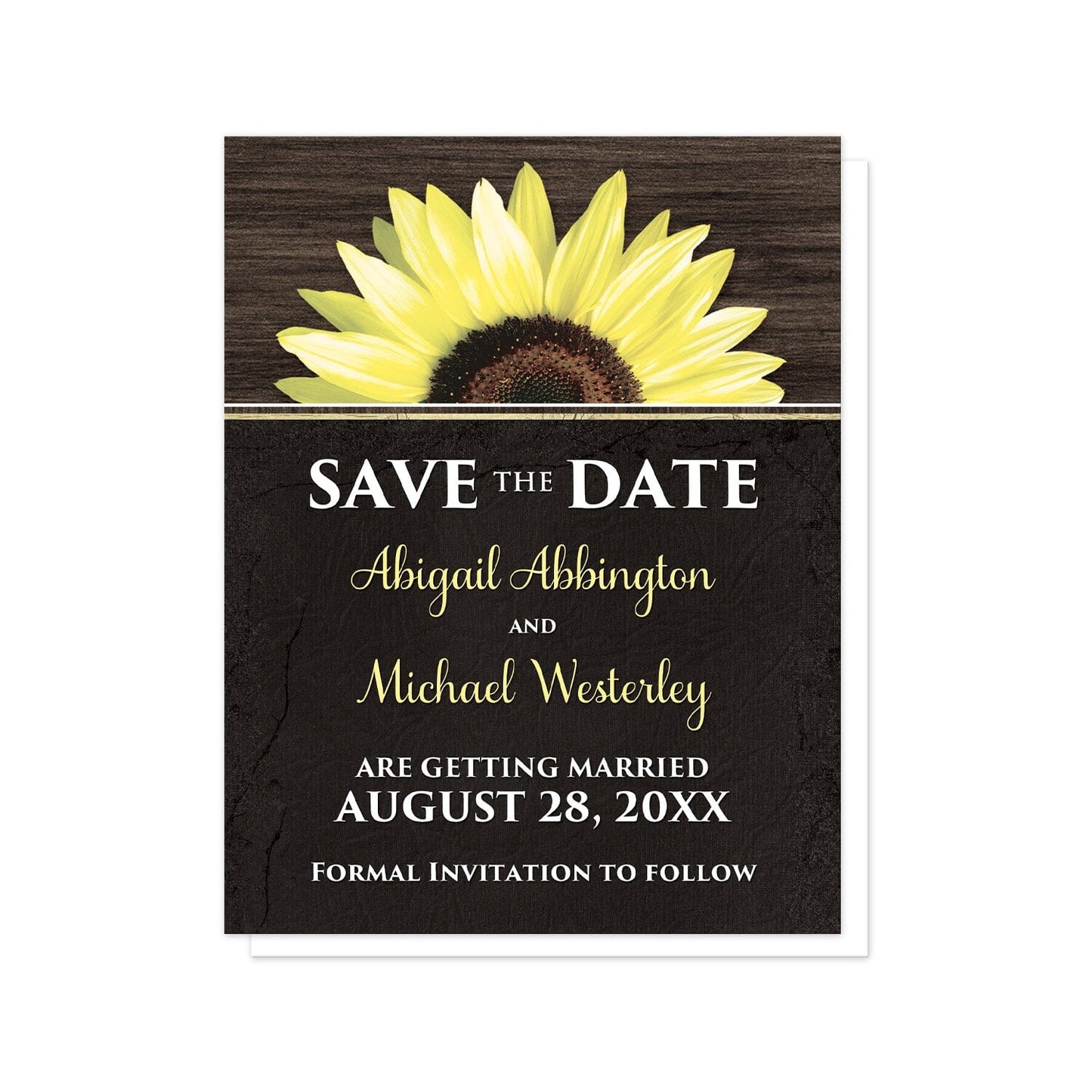 Rustic Sunflower with Black Save the Date Cards at Artistically Invited. Country-inspired rustic sunflower with black save the date cards featuring a vibrant bright yellow sunflower over a textured dark brown wood design along the top. Your personalized wedding date details are custom printed in yellow and white over a tattered black cloth illustration below the sunflower.