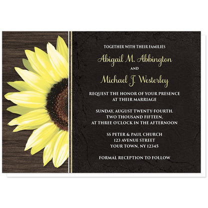 Rustic Sunflower with Black Wedding Invitations at Artistically Invited. Country-inspired rustic sunflower with black wedding invitations featuring a vibrant bright yellow sunflower over a textured dark brown wood design along the left side. Your personalized marriage celebration details are custom printed in yellow and white over a tattered black cloth illustration to the right of the sunflower.