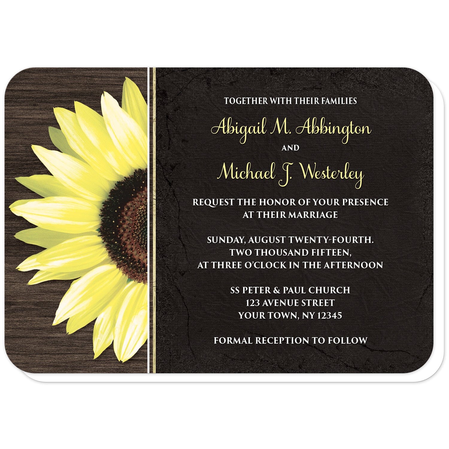 Rustic Sunflower with Black Wedding Invitations (with rounded corners) at Artistically Invited. Country-inspired rustic sunflower with black wedding invitations featuring a vibrant bright yellow sunflower over a textured dark brown wood design along the left side. Your personalized marriage celebration details are custom printed in yellow and white over a tattered black cloth illustration to the right of the sunflower.