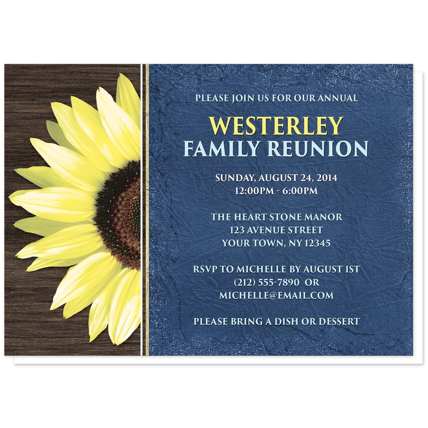 Rustic Sunflower with Blue Family Reunion Invitations at Artistically Invited. Country-inspired rustic sunflower with blue family reunion invitations featuring a vibrant bright yellow sunflower over a textured dark brown wood design along the left side. Your personalized reunion celebration details are custom printed in yellow and white over a tattered blue cloth illustration to the right of the sunflower.