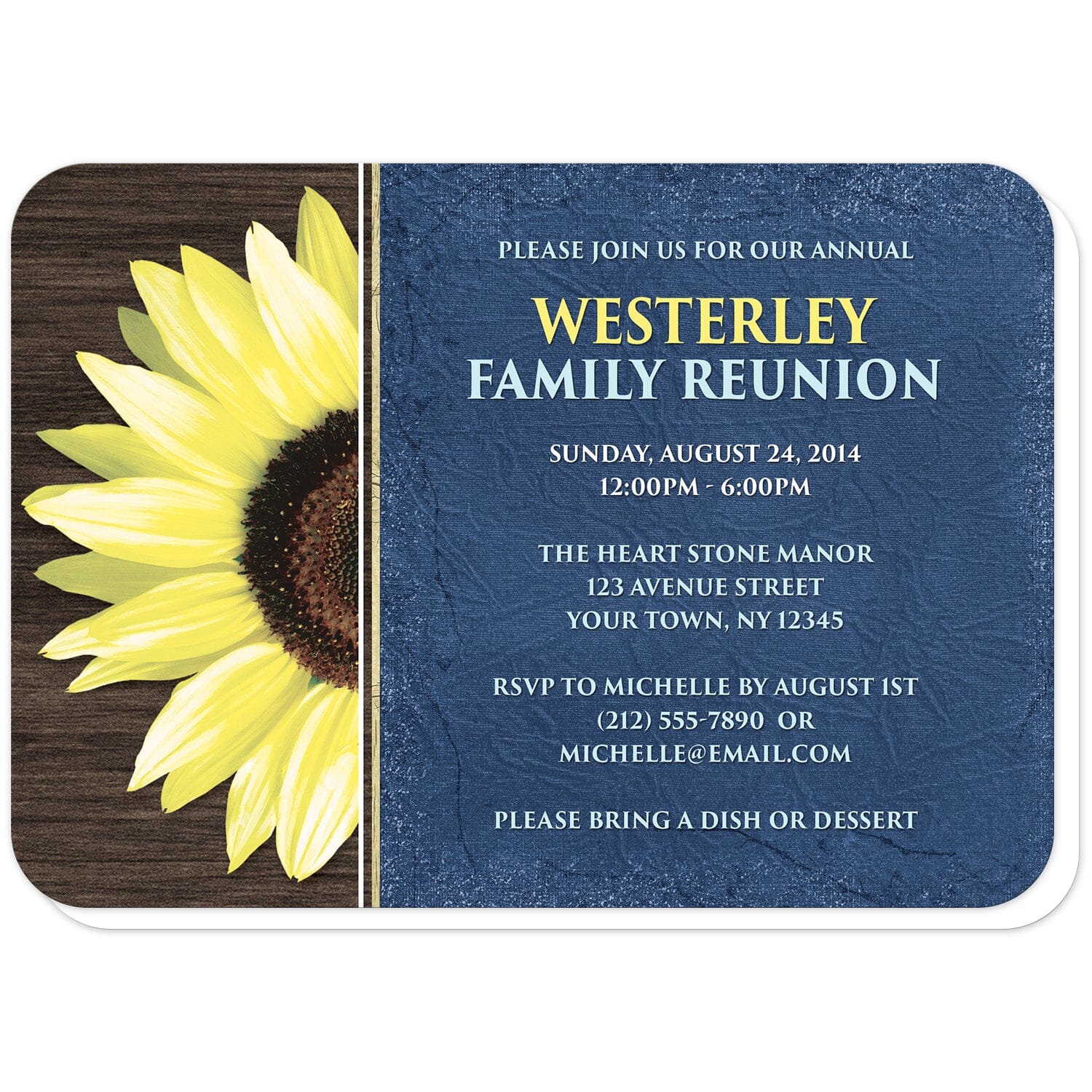 Rustic Sunflower with Blue Family Reunion Invitations (with rounded corners) at Artistically Invited. Country-inspired rustic sunflower with blue family reunion invitations featuring a vibrant bright yellow sunflower over a textured dark brown wood design along the left side. Your personalized reunion celebration details are custom printed in yellow and white over a tattered blue cloth illustration to the right of the sunflower.