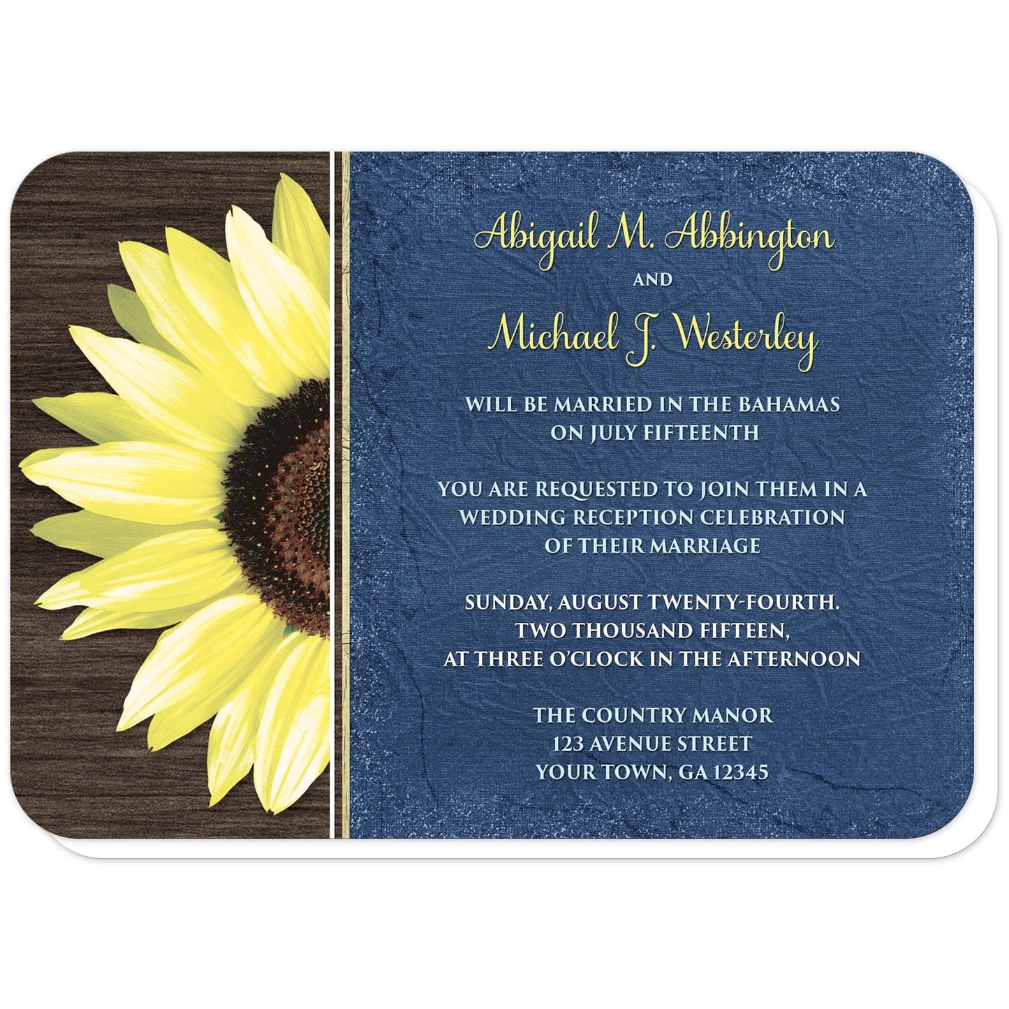 Rustic Sunflower with Blue Reception Only Invitations (with rounded corners) at Artistically Invited. Country-inspired rustic sunflower with blue reception only invitations featuring a vibrant bright yellow sunflower over a textured dark brown wood design along the left side. Your personalized post-wedding reception details are custom printed in yellow and white over a tattered blue cloth illustration to the right of the sunflower.