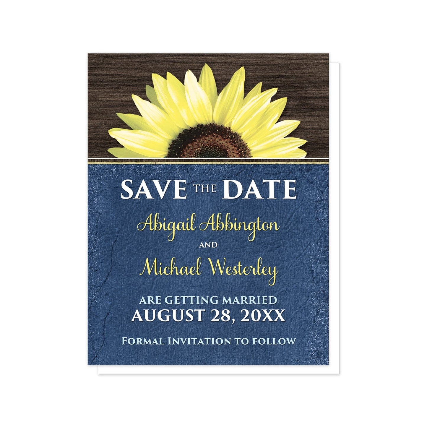 Rustic Sunflower with Blue Save the Date Cards at Artistically Invited. Country-inspired rustic sunflower with blue save the date cards featuring a vibrant bright yellow sunflower over a textured dark brown wood design along the top. Your personalized wedding date details are custom printed in yellow and white over a tattered blue cloth illustration below the sunflower.