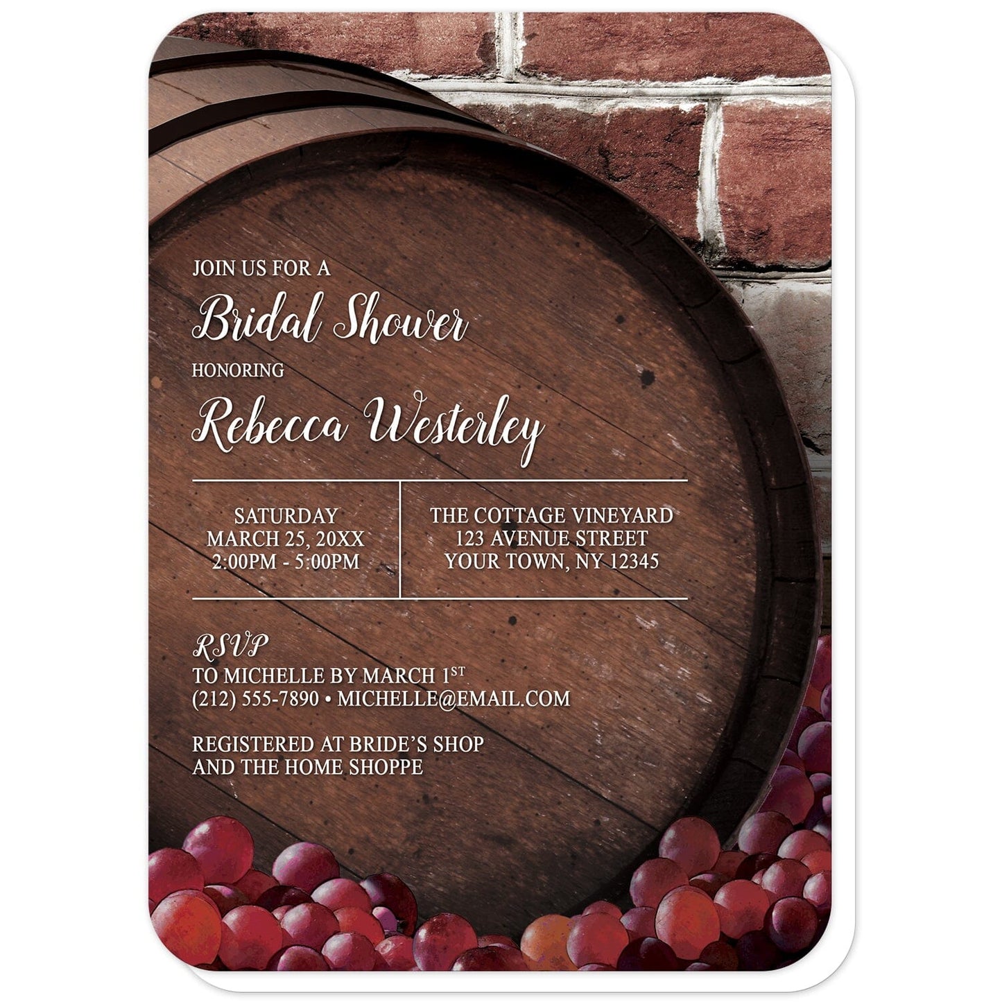 Rustic Wine Barrel Vineyard Bridal Shower Invitations (with rounded corners) at Artistically Invited. Beautiful rustic wine barrel vineyard bridal shower invitations designed with a large wooden wine barrel and grapes illustration in front of a brick pattern background. Your personalized bridal shower celebration details are custom printed in white fonts and grid lines over the top side of the barrel.
