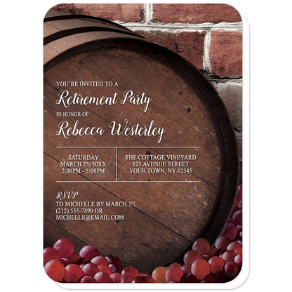 Rustic Wine Barrel Vineyard Retirement Invitations (with rounded corners) at Artistically Invited. Beautiful rustic wine barrel vineyard retirement invitations designed with a large wooden wine barrel and grapes illustration in front of a brick pattern background. Your personalized retirement party details are custom printed in white fonts and grid lines over the top side of the barrel.