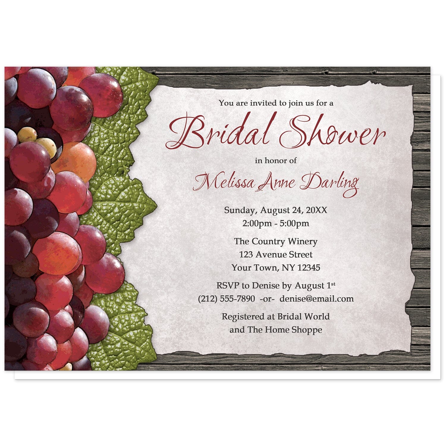 Rustic Winery Grapes and Wood Bridal Shower Invitations at Artistically Invited. Rustic winery grapes and wood bridal shower invitations designed with rustic red grapes and green leaves along the left side. Your personalized bridal shower celebration details are custom printed in dark red and brown on a torn parchment paper design over dark brown wood. 