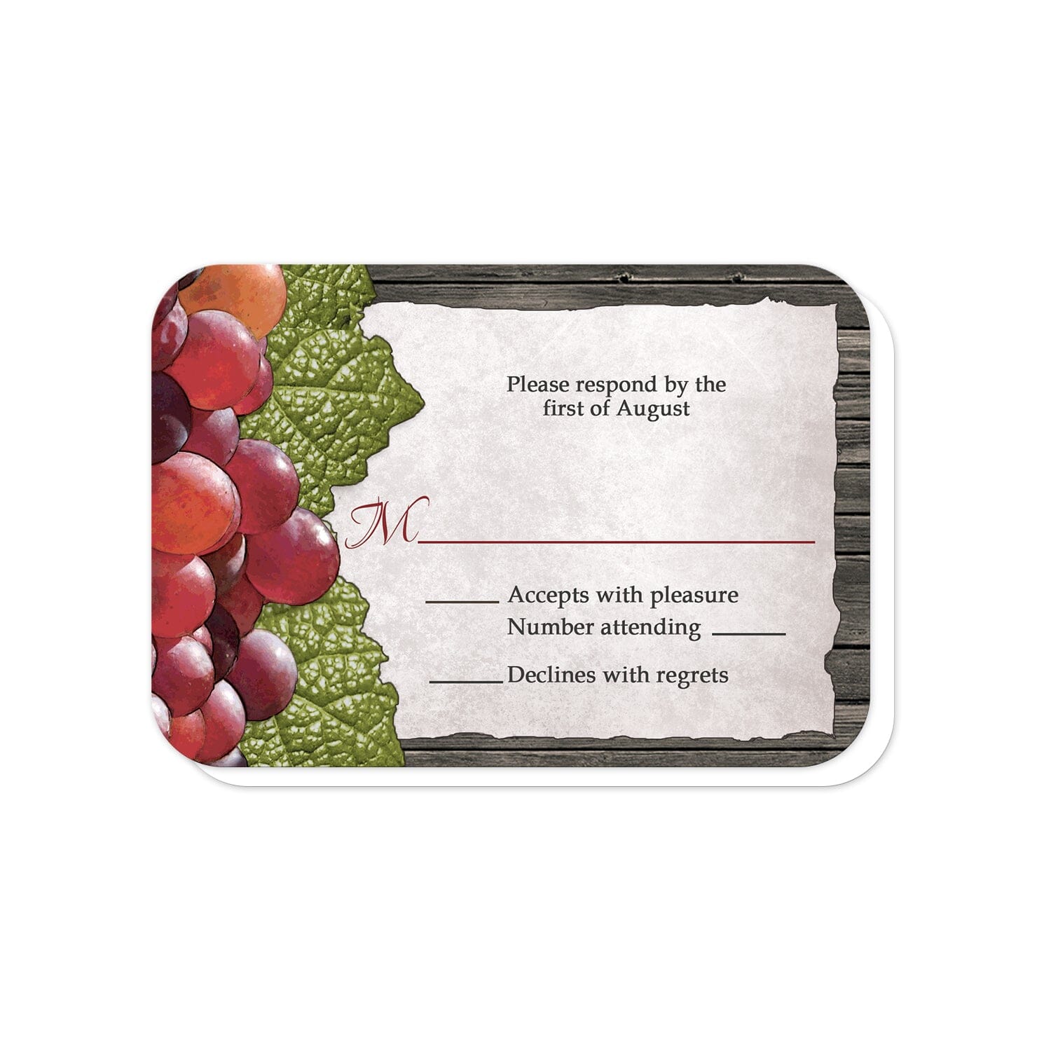 Rustic Winery Grapes and Wood RSVP Cards (with rounded corners) at Artistically Invited.
