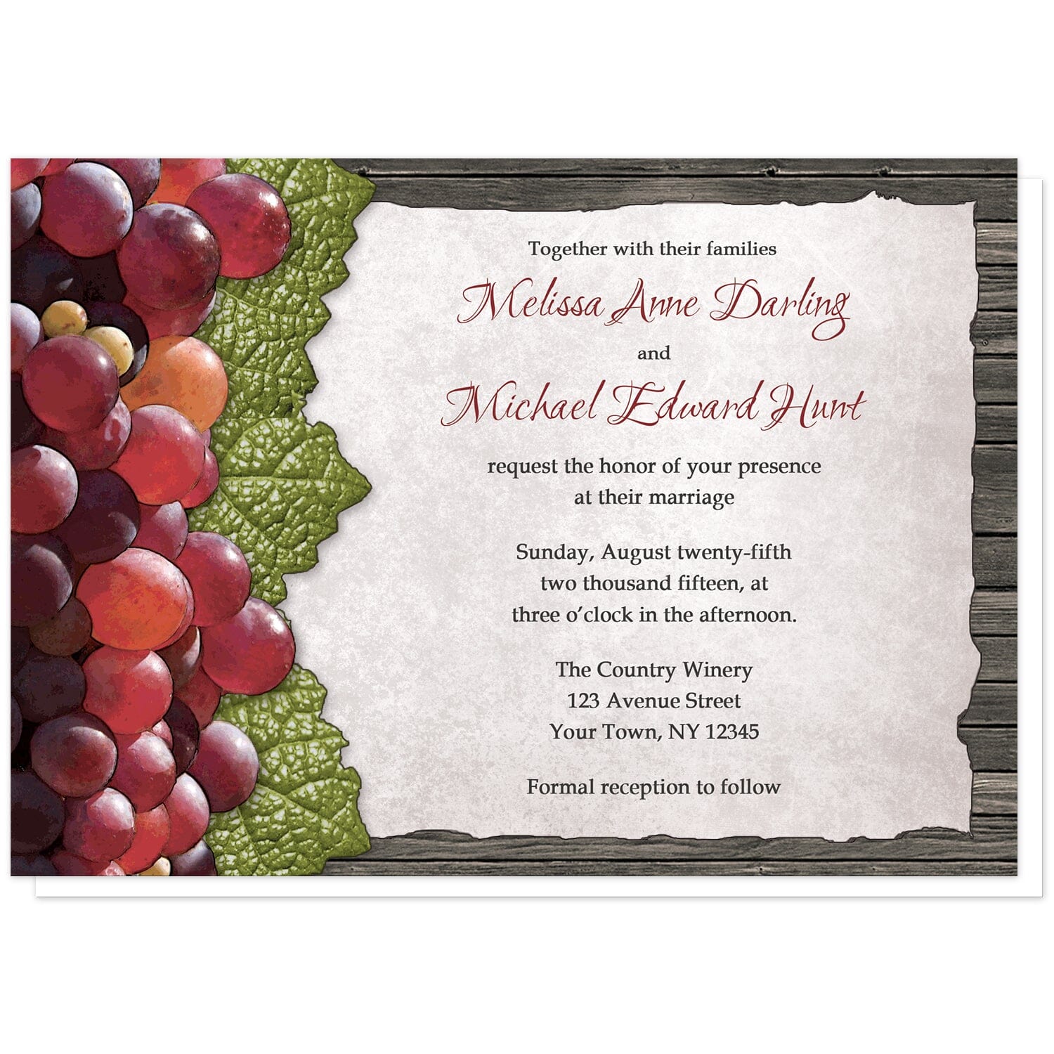Rustic Winery Grapes and Wood Wedding Invitations at Artistically Invited. Rustic winery grapes and wood wedding invitations designed with rustic red grapes and green leaves along the left side. Your personalized marriage celebration details are custom printed in dark red and brown on a torn parchment paper design over dark brown wood. 