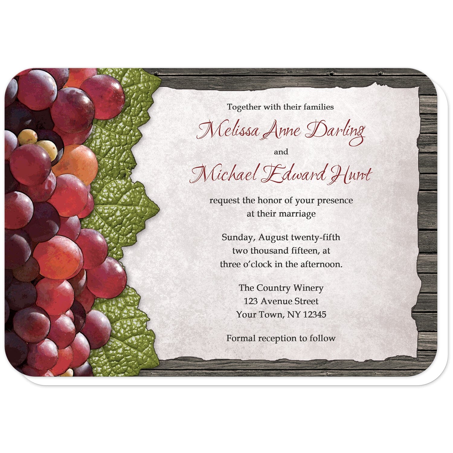Rustic Winery Grapes and Wood Wedding Invitations (with rounded corners) at Artistically Invited. Rustic winery grapes and wood wedding invitations designed with rustic red grapes and green leaves along the left side. Your personalized marriage celebration details are custom printed in dark red and brown on a torn parchment paper design over dark brown wood. 