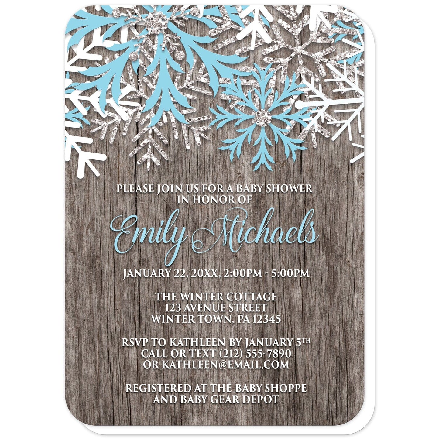Rustic Winter Wood Blue Snowflake Baby Shower Invitations (with rounded corners) at Artistically Invited. Country-inspired rustic winter wood blue snowflake baby shower invitations designed with light blue, white, and silver-colored glitter-illustrated snowflakes along the top over a rustic wood pattern illustration. Your personalized baby shower celebration details are custom printed in light blue and white over the wood background below the snowflakes.