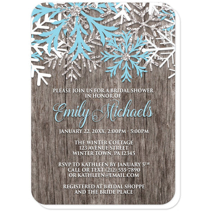 Rustic Winter Wood Blue Snowflake Bridal Shower Invitations (with rounded corners) at Artistically Invited. Country-inspired rustic winter wood blue snowflake bridal shower invitations designed with light blue, white, and silver-colored glitter-illustrated snowflakes along the top over a rustic wood pattern illustration. Your personalized bridal shower celebration details are custom printed in light blue and white over the wood background below the snowflakes.