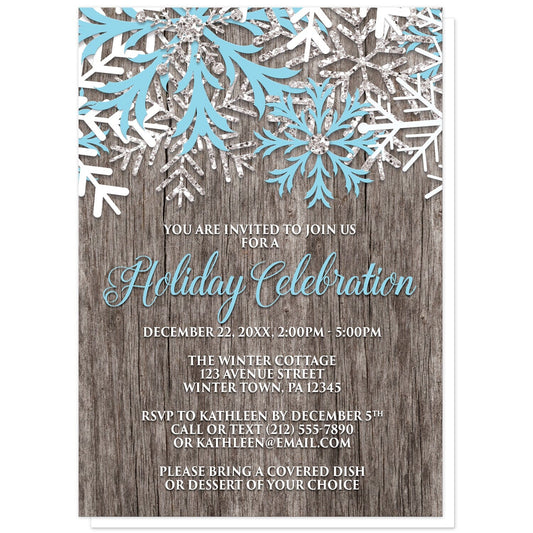 Rustic Winter Wood Blue Snowflake Holiday Invitations at Artistically Invited. Country-inspired rustic winter wood blue snowflake holiday invitations designed with light blue, white, and silver-colored glitter-illustrated snowflakes along the top over a rustic wood pattern illustration. Your personalized holiday party details are custom printed in light blue and white over the wood background below the snowflakes.