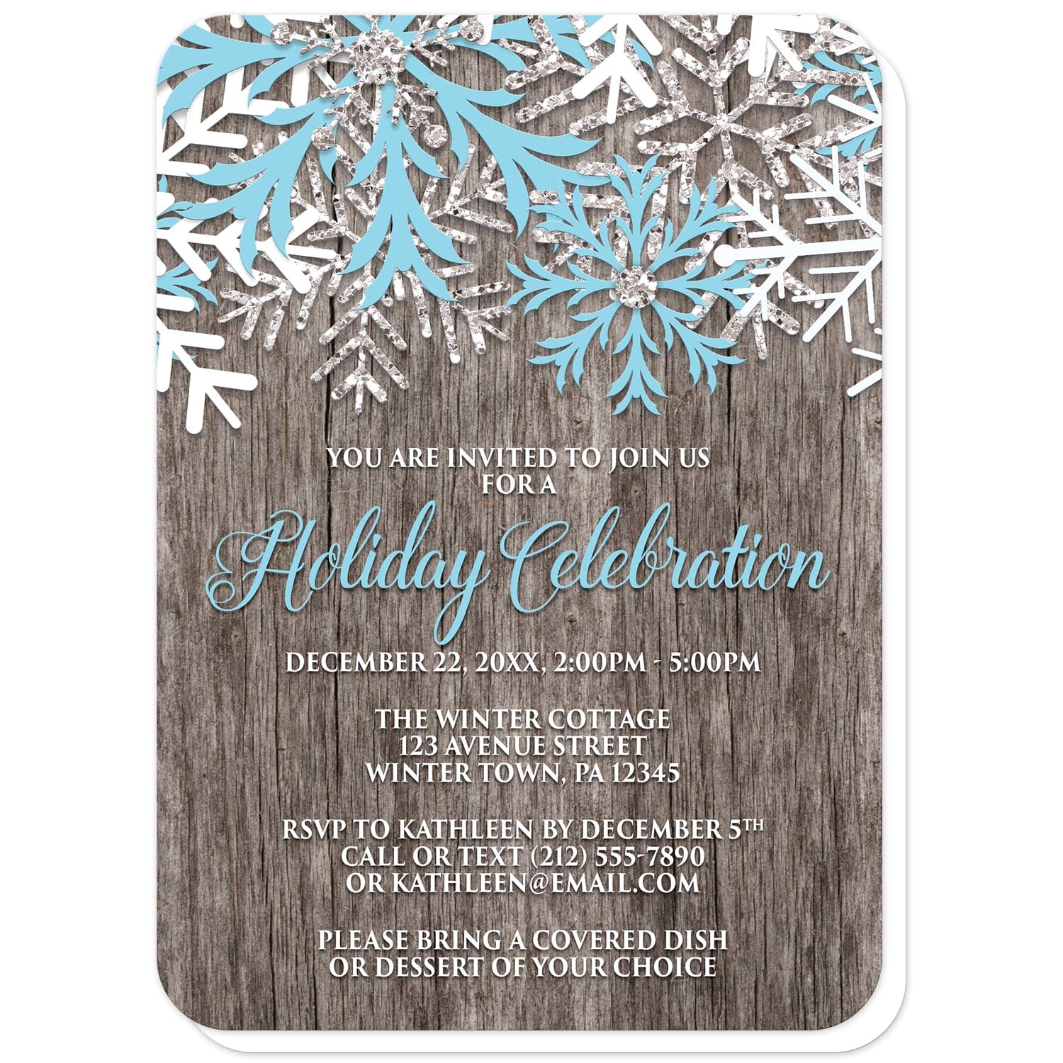 Rustic Winter Wood Blue Snowflake Holiday Invitations (with rounded corners) at Artistically Invited. Country-inspired rustic winter wood blue snowflake holiday invitations designed with light blue, white, and silver-colored glitter-illustrated snowflakes along the top over a rustic wood pattern illustration. Your personalized holiday party details are custom printed in light blue and white over the wood background below the snowflakes.
