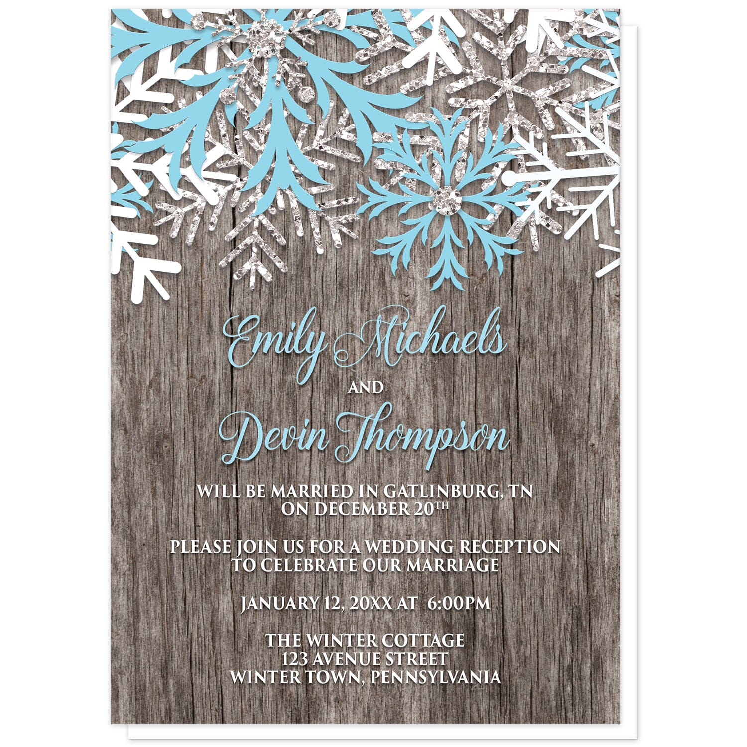 Rustic Winter Wood Blue Snowflake Reception Only Invitations at Artistically Invited. Country-inspired rustic winter wood blue snowflake reception only invitations designed with light blue, white, and silver-colored glitter-illustrated snowflakes along the top over a rustic wood pattern illustration. Your personalized post-wedding reception details are custom printed in light blue and white over the wood background below the snowflakes.