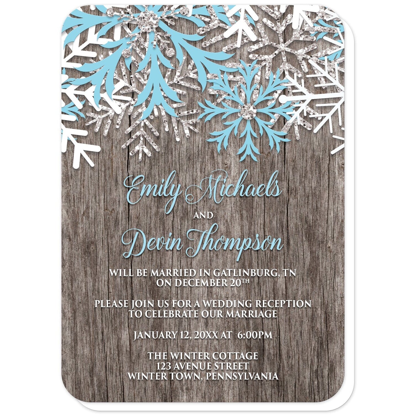 Rustic Winter Wood Blue Snowflake Reception Only Invitations (with rounded corners) at Artistically Invited. Country-inspired rustic winter wood blue snowflake reception only invitations designed with light blue, white, and silver-colored glitter-illustrated snowflakes along the top over a rustic wood pattern illustration. Your personalized post-wedding reception details are custom printed in light blue and white over the wood background below the snowflakes.